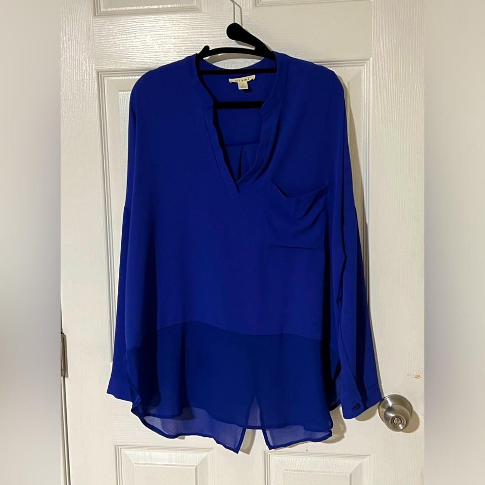 Royal blue long sleeve chiffon flowy top with sheer detail on bottom